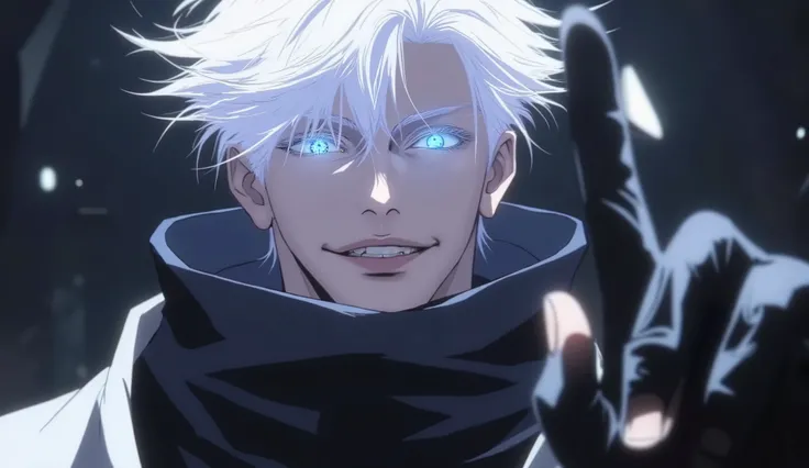 (Ultra-detailed, 8K resolution, cinematic lighting, hyper-realistic, masterpiece, anime-style semi-realism)
A highly detailed, anime-style digital painting of Gojo Satoru, a tall and confident sorcerer with striking white hair that flows wildly and glowing...