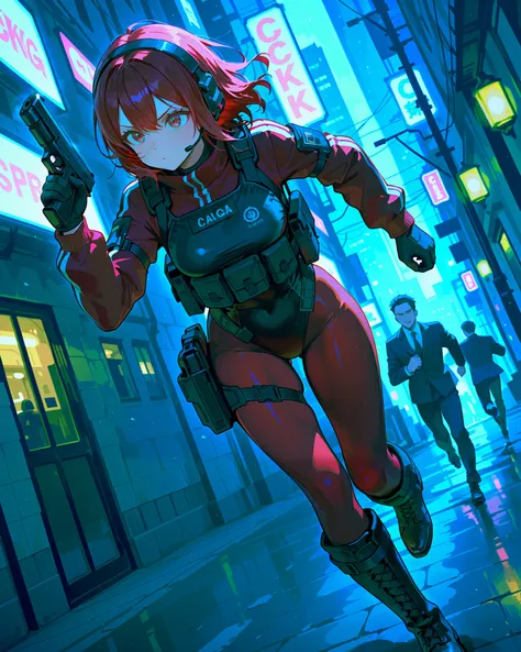 (best quality), (masterpiece), amazing quality, absurdres, highly detailed, 1girl, solo, solo focus, random hairstyles, tactical headset, black leotard, red sleeves, black gloves, full pantyhose, red pantyhose, black boots, knee boots, tactical gear, (hold...