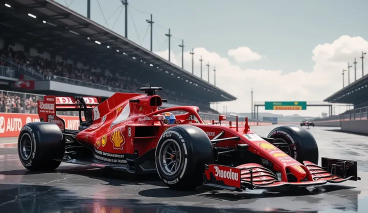 Ferrari Formula 1 car wallpaper, realistic logo, highly detailed, show full car from side view, stadium in background