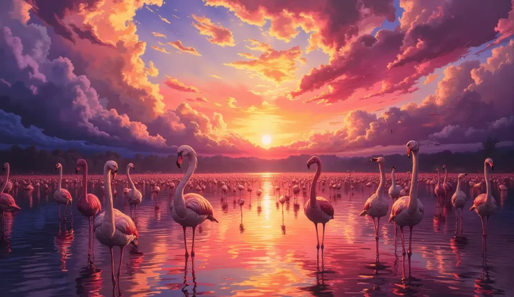An oil painting in the Baroque chiaroscuro style, inspired by Caravaggio, depicting a sunset over a lake teeming with flamingos. The sky is awash with magenta and golden hues, reflecting on the tranquil water. The flamingos are elegantly posed, with soft, ...