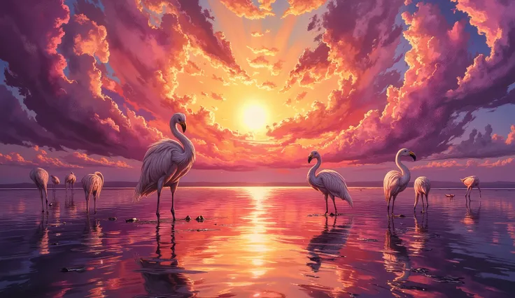 An oil painting in the Baroque chiaroscuro style, inspired by Caravaggio, depicting a sunset over a lake teeming with flamingos. The sky is awash with magenta and golden hues, reflecting on the tranquil water. The flamingos are elegantly posed, with soft, ...