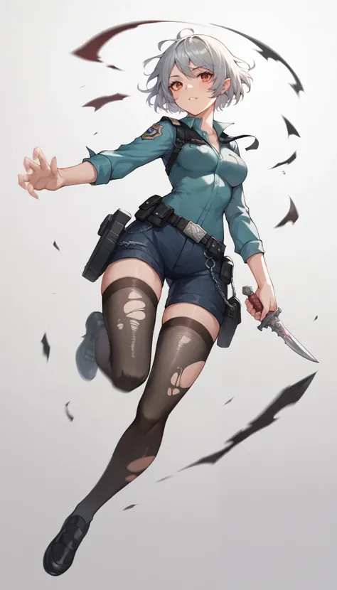 ((masterpiece)), (best quality), 1girl , Alone, simple background, temptation, delicate face, handheld dagger , Battle Pose , full body, silver short hair, long sideburn, Disdainful Eyes, Black Stockings, Damaged black police uniform, medium breasts, st...