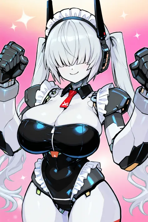 Robot Girl、white skin、android、 Silver Hair、((headgear))、smile、Maid、big breasts、Big arms、sexy、anime style、high image quality、high quality of wavy lines