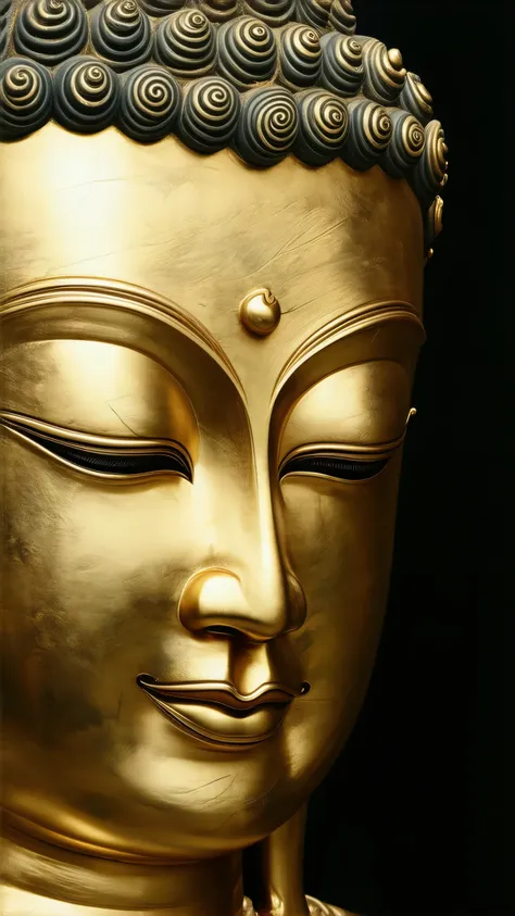Super shine Golden gloss myanmar style buddha face closed up, perfect face, possessing natural elegance, dark natural background