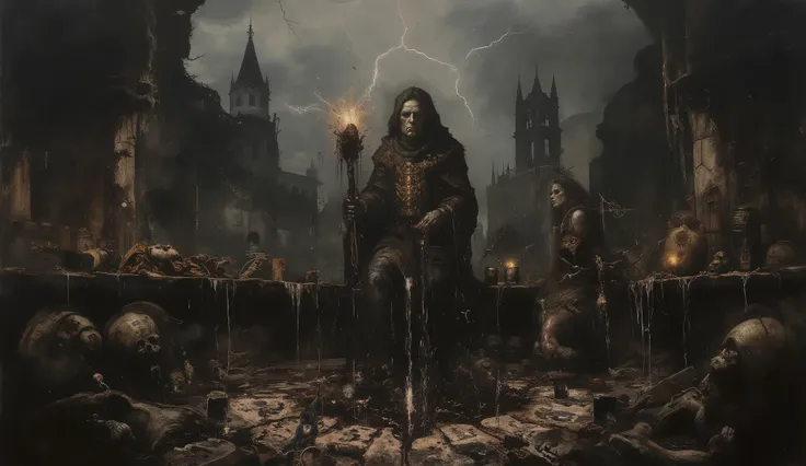A dark medieval panoramic scene.  in the center,  An imposing wizard , his figure wrapped in a cloak that seems to pulsate with life of its own, covered by brilliant runes that emanate an evil energy. Your eyes are pits of darkness, and he holds a staff ma...