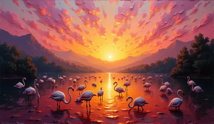 An oil painting in the Baroque chiaroscuro style, inspired by Caravaggio, depicting a sunset over a lake teeming with flamingos. The sky is awash with magenta and golden hues, reflecting on the tranquil water. The flamingos are elegantly posed, with soft, ...