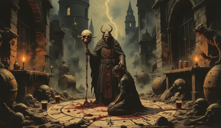 A dark medieval panoramic scene. in the center, an imposing wizard with twisted goat horns, his figure wrapped in a cloak that seems to pulsate with life of its own, covered by brilliant runes that emanate an evil energy. Your eyes are pits of darkness, a...