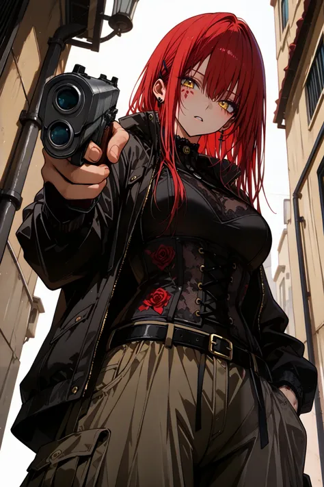 Killer Woman (medium breasts)、Red hair, long hair, golden eyes, standing, tattoos cover her body, rose tattoos, Lace-up corset, cargo pants with side pockets、standing、Holds a gun, pointed at the viewer, aiming at the viewer, (Super detailed hair over the s...