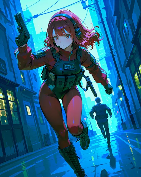 (best quality), (masterpiece), amazing quality, absurdres, highly detailed, 1girl, solo, solo focus, (random hairstyles:1.2), tactical headset, black leotard, red sleeves, black gloves, full pantyhose, red pantyhose, black boots, knee boots, tactical gear,...