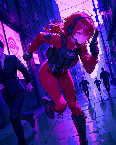 (best quality), (masterpiece), amazing quality, absurdres, highly detailed, 1girl, solo, solo focus, (random hairstyles:1.2), tactical headset, black leotard, red sleeves, black gloves, full pantyhose, red pantyhose, black boots, knee boots, tactical gear,...