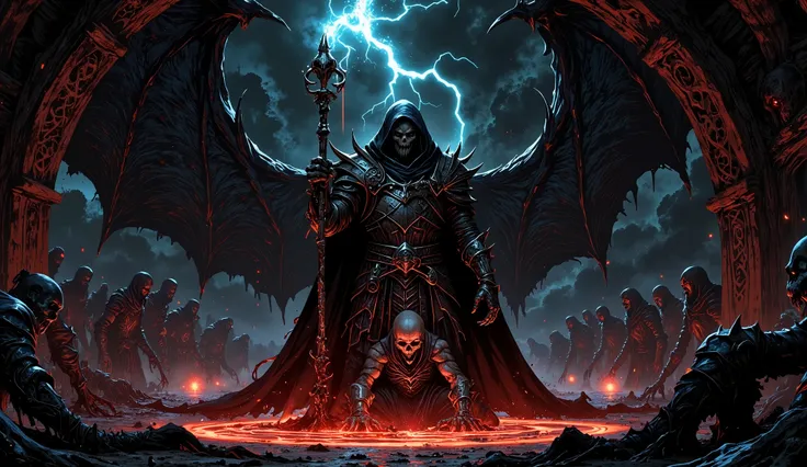 A dark medieval panoramic scene and oppressive, plunged in deep shadows and illuminated only by the lightning that tears through the stormy sky. in the center, an imposing wizard dominates the scene — It is surrounded by a cloak that seems to squirm as if...