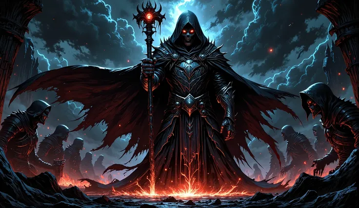 A dark medieval panoramic scene and oppressive, immersed in deep shadows and illuminated only by the lightning that tears through the stormy sky. in the center, an imposing wizard dominates the scene — his figure is wrapped in a cloak that seems to twitch...
