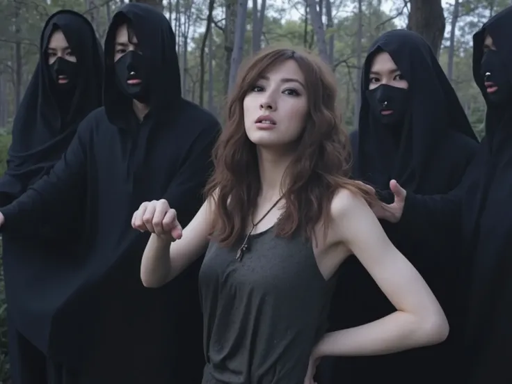 A very beautiful brown-haired woman, with long wavy hair, is being napped by dark-robed figures in a forest near Myślibórz. The setting is dramatic, with towering ancient trees surrounding the scene, casting long shadows under a dusky sky. The woman is dre...