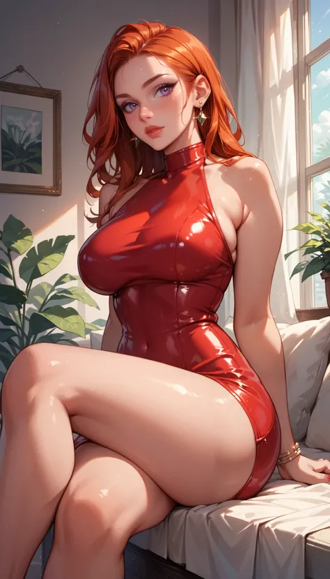 Violet-eyed redhead with big breasts and thick thighs , wearing a tight red latex dress , Sitting with legs open

