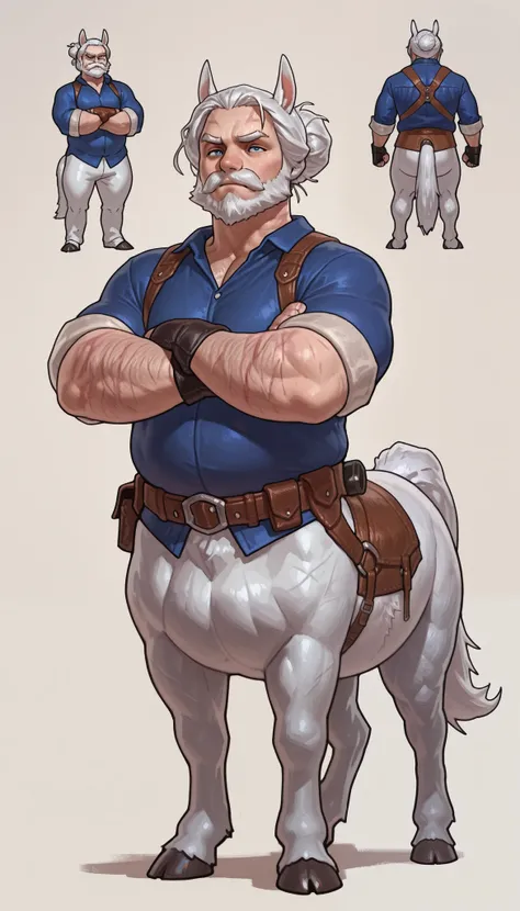 Taran Fiddler, ((An old male centaur who's lower horse body is that of a percheron, and his upper human body is slightly chubby but strong.)) Centaur, male, solo, older male, mature male, grandfather, tall, sstrong, chubby, draft horse body, white fur, gre...