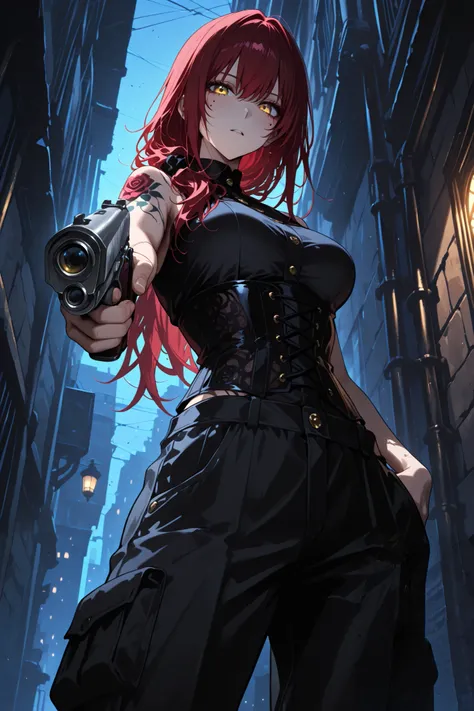 Killer Woman (medium breasts)、Red hair, long hair, golden eyes, standing, tattoos cover her body, rose tattoos, Lace-up corset, cargo pants with side pockets、standing、Holds a gun, pointed at the viewer, aiming at the viewer, (Super detailed hair over the s...