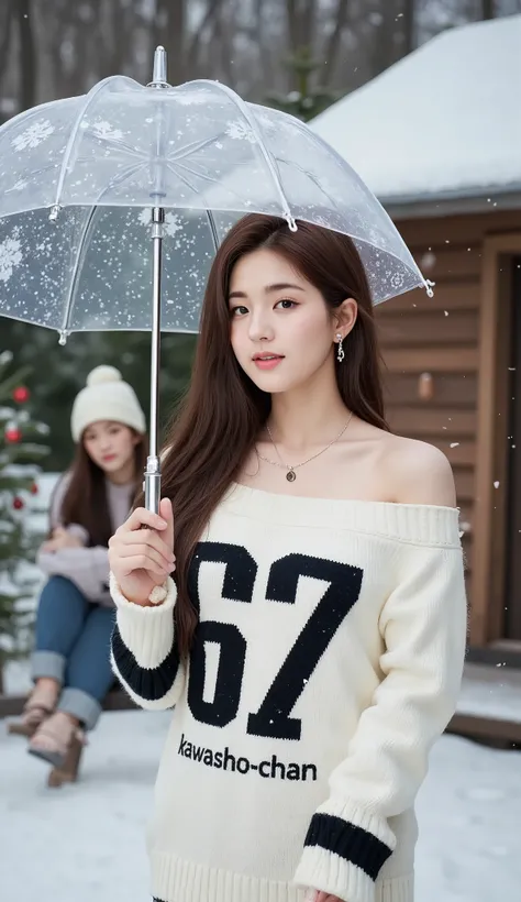 A young woman with long, dark hair stands in a snowy outdoor scene, holding a transparent umbrella dotted with snowflakes. She is dressed in a cozy white sweater with black cuffs, featuring a bold black graphic design with the numbers "kawasho-chan" on the...