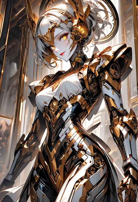 solo:1.4, female clockwork automaton, steel, brass, refined, gold accents, tall female, slender, agile, deep-set eyes, glowing eyes, golden eyes, lips, silver hair, gold hair, two-tone hair, simple metal headband, robot, exhibition, luxurious, mansion, ind...