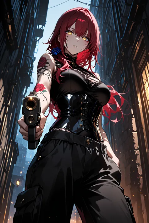 Killer Woman (medium breasts)、Red hair, long hair, golden eyes, standing, tattoos cover her body, rose tattoos, Lace-up corset, cargo pants with side pockets、standing、Holds a gun, pointed at the viewer, aiming at the viewer, (hair over the shoulders), Best...