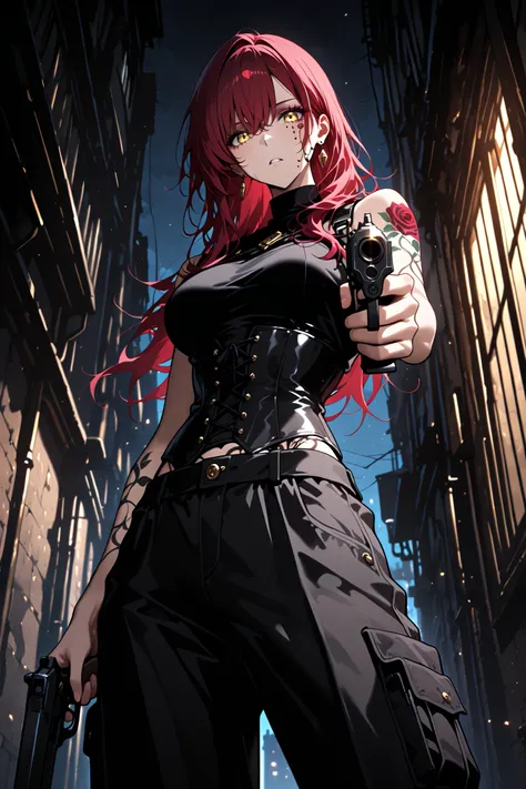 Killer Woman (medium breasts)、Red hair, long hair, golden eyes, standing, tattoos cover her body, rose tattoos, Lace-up corset, cargo pants with side pockets、standing、Holds a gun, pointed at the viewer, aiming at the viewer, (hair over the shoulders), Best...