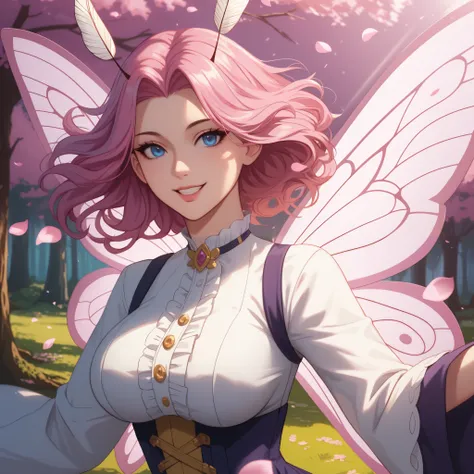 *"A reinterpretation of the character Sadeena from The Rising of the Shield Hero, now like a mystical semi-human butterfly. Her pink hair with yellow tips falls in soft waves over her shoulders, complementing her radiant and lively expression. A pair of de...