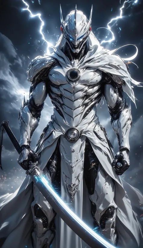 A fierce warrior in full white armor, wearing a large black circle symbol on his chest, wielding a big sword, dynamic battle-ready pose, highly detailed armor textures, sharp sword, dramatic stormy sky background, vivid colors, masterpiece, 8k, photorealis...
