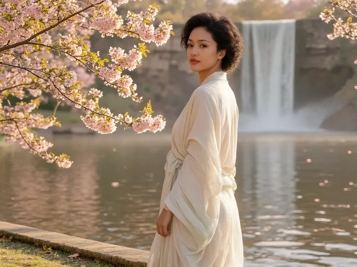 une femme sexy noir, en kimono, sous un cerisier en fleur, derrière un lac, en arrière plan une grande cascade, le matin au levé du soleil, ambiance couleur d’été chaude