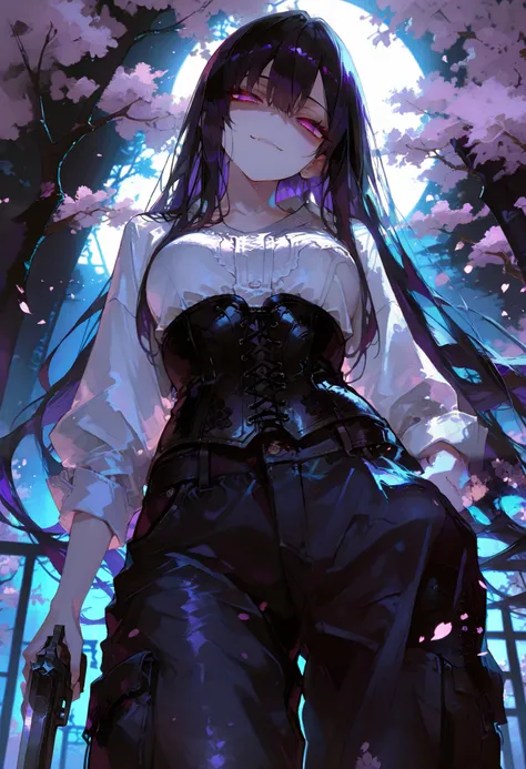 1 Woman, sharp purple eyes, multicolored eyes, hair between eyes, long side bangs, black hair with fine purple strands, very long hair, medium breasts, curvy, cool, beautiful, sexy, adult, seductive glance, standing、Holds a gun, pointed at the viewer, aimi...