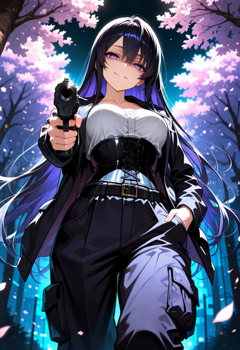 1 Woman, sharp purple eyes, multicolored eyes, hair between eyes, long side bangs, black hair with fine purple strands, very long hair, medium breasts, curvy, cool, beautiful, sexy, adult, seductive glance, standing、Holds a gun, pointed at the viewer, aimi...
