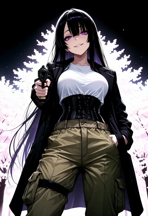 1 Woman, sharp purple eyes, multicolored eyes, hair between eyes, long side bangs, black hair with fine purple strands, very long hair, medium breasts, curvy, cool, beautiful, sexy, adult, seductive glance, standing、Holds a gun, pointed at the viewer, aimi...