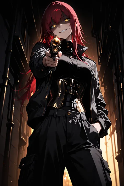 1 Woman, golden eyes, glowing golden eyes, red hair, long hair, standing, Lace-up corset, cargo pants with side pockets、standing、Holds a gun, pointed at the viewer, aiming at the viewer, partially shaded face , head tilt , gesugao , smirk, at night, dar...