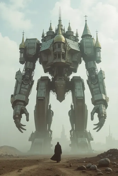 (Masterpiece, ultra-realistic, 32k, best quality, hyper-detailed, cinematic lighting, reversal film photography, film grain, intricate textures, photorealistic, dramatic composition, immersive depth, trending on ArtStation.) A colossal walking fortress, go...