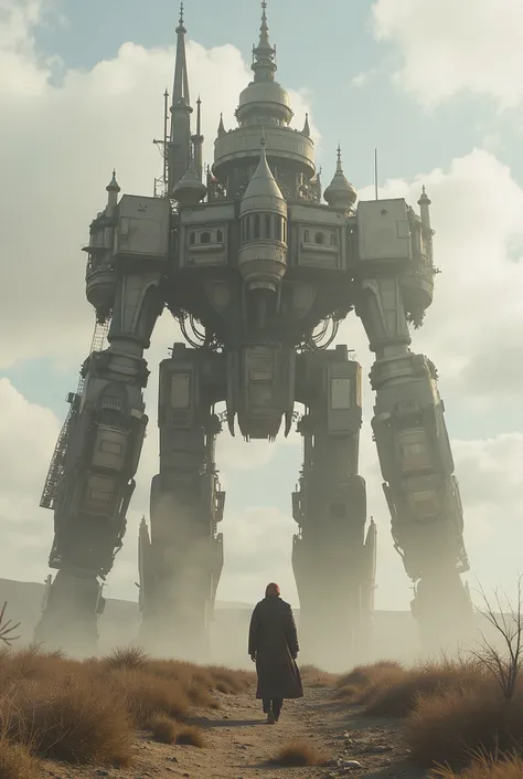 (Masterpiece, ultra-realistic, 32k, best quality, hyper-detailed, cinematic lighting, reversal film photography, film grain, intricate textures, photorealistic, dramatic composition, immersive depth, trending on ArtStation.) A colossal walking fortress, go...