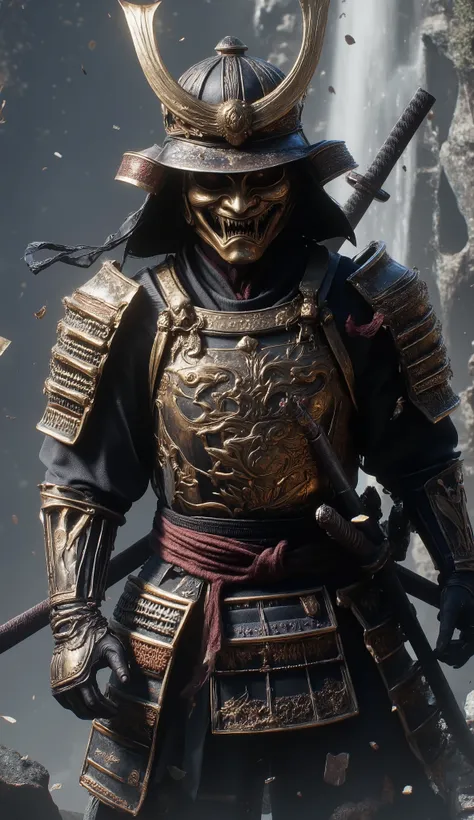digi image. The most realistic 4K high-definition tussock of a young man in a beveled Thai armour, in combination with Japanese samurai armor, Shiny gold, with a cowboy hat with an intricate Thai pattern on the cap, standing on the rocks around the cliff w...