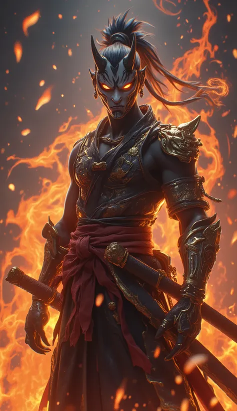 4K High Resolution Digital Image,images,Young Man, Translucent Muscle,Thai Wedge Armor,Japanese samurai armor,Shiny gold, Cowboy Hat,strong posture,Still, ,Flame-burning environment. The fire has flames and charcoal debris floating in the wind.,Leather tex...
