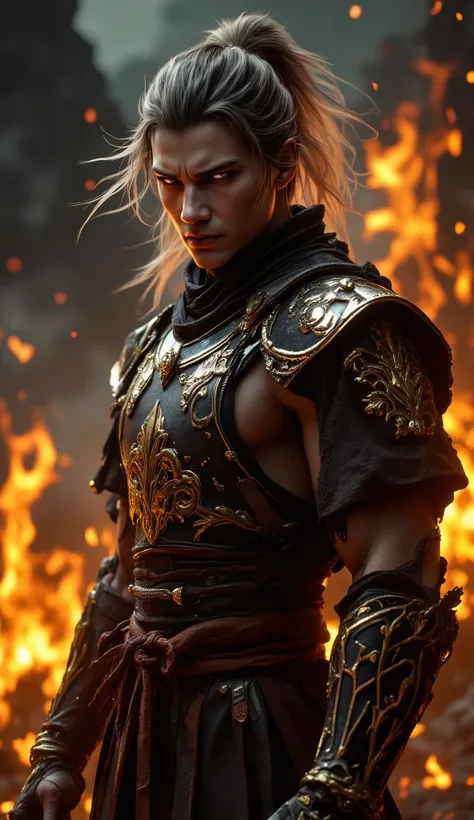 4K high resolution digital image,images,Young man with airy muscles,Thai Wedge Armor,Japanese samurai armor,Shiny gold, Cowboy Hat,strong posture,Still, ,Flame-burning environment. The fire has flames and charcoal debris floating in the wind.,Leather textu...