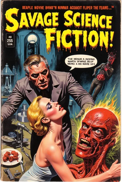 60's horror comic book, "SAVAGE SCIENCE FICTION!"man with melting face, radiation burns, sexually assaulting scared female, terrified blonde covering her mouth as she screams in fear, in secret laboratory, burning the flesh off mad scientist, sucking in hi...