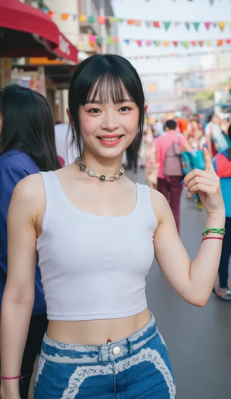 songkran festival white tanktop watergun smile breast tight white tanktop thin tanktop petite