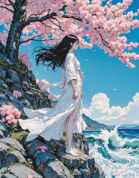 An image of a woman standing on the very edge of a sheer cliff and anxiously looking into the distance, the wind blows from the sea, a strong wind blows, ruffles her long dark hair, flutters her long clothes,her expression is unhappy and dreary, a cherry b...
