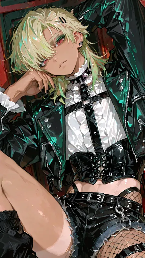 1male,handsome,visual kei style,medium hair, heavy black eyeliner, green eyeshadow,black leather outfit, studs,His pose is confident,black nail, bob hair, top quality,high quality,masterpiece, gyaruoh, (blonde:1.2), red eyes, androgynous, green hair tip hi...