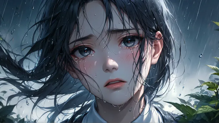(Masterpiece at maximum 16K resolution: 1.6), (intricate details: 1.4), (extremely insane details: 1.4), (highest quality: 1.3), (hyper_realistic: 1.3). | Jesus looking at the sky, deep emotions, tears running down his face, soft raindrops, fresh vegetatio...