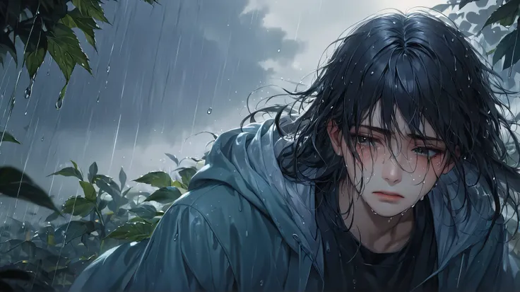 (Masterpiece at maximum 16K resolution: 1.6), (intricate details: 1.4), (extremely insane details: 1.4), (highest quality: 1.3), (hyper_realistic: 1.3). | Jesus looking at the sky, deep emotions, tears running down his face, soft raindrops, fresh vegetatio...
