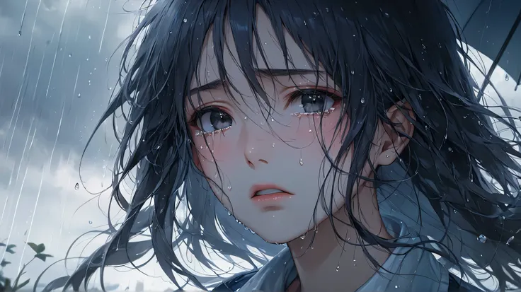 (Masterpiece at maximum 16K resolution: 1.6), (intricate details: 1.4), (extremely insane details: 1.4), (highest quality: 1.3), (hyper_realistic: 1.3). | Jesus looking at the sky, deep emotions, tears running down his face, soft raindrops, fresh vegetatio...