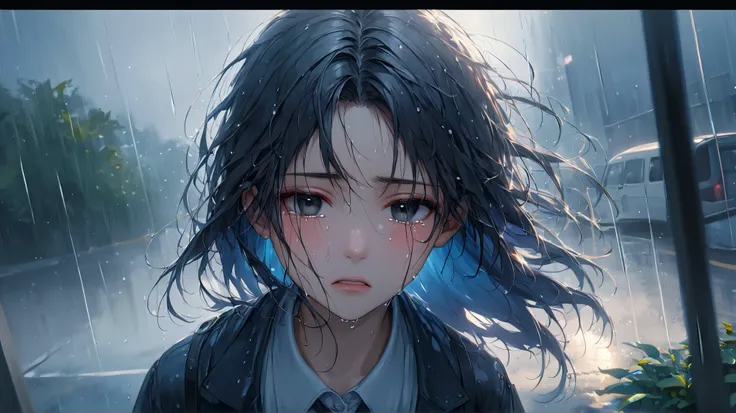 (Masterpiece at maximum 16K resolution: 1.6), (intricate details: 1.4), (extremely insane details: 1.4), (highest quality: 1.3), (hyper_realistic: 1.3). | Jesus looking at the sky, deep emotions, tears running down his face, soft raindrops, fresh vegetatio...