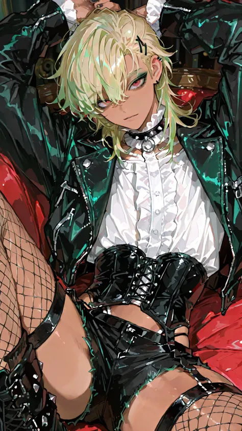1male,handsome,visual kei style,medium hair, heavy black eyeliner, green eyeshadow,black leather outfit, studs,His pose is confident,black nail, bob hair, top quality,high quality,masterpiece, gyaruoh, (blonde:1.2), red eyes, androgynous, green hair tip hi...