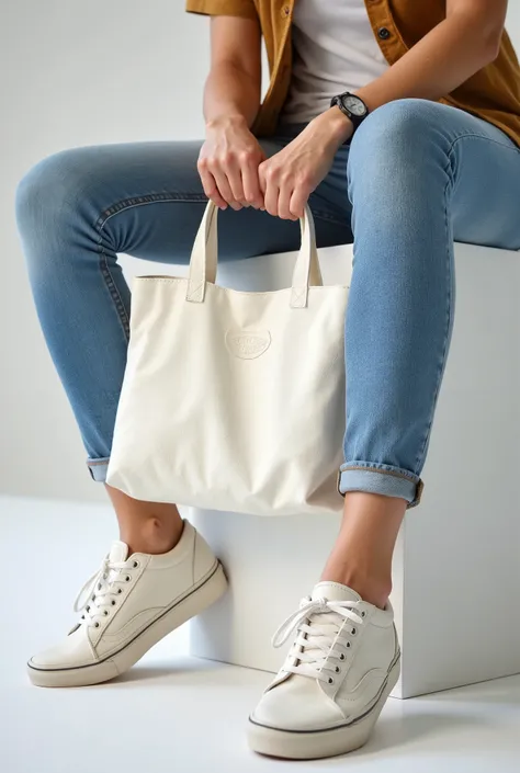 (((Close-up - low angle))) of a trunk of a young woman sitting on a low white block, usando Skinny jeans e (((Vans® sneakers))), holding one holding a white cloth bag, holding a raw cloth bag, square bag,  Sustainable Materials , flat bag, holding an ecolo...