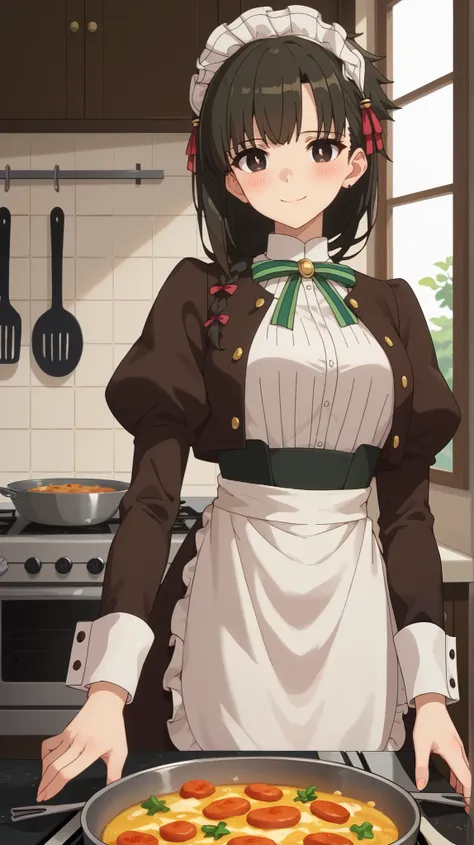 score_9,score_8_up,score_7_up, yuki yokoya, 1girl, green ribbon, looking at viewer, maid headdress, long sleeves, waist apron, red ribbon, puffy sleeves, juliet sleeves, black jacket, full body, cooking in the kitchen, neck ribbon, white shirt, smile sweet...