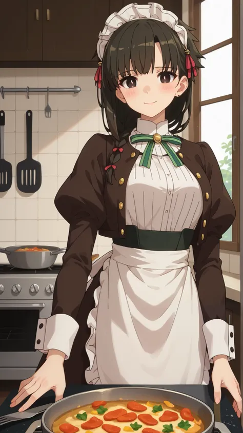 score_9,score_8_up,score_7_up, yuki yokoya, 1girl, green ribbon, looking at viewer, maid headdress, long sleeves, waist apron, red ribbon, puffy sleeves, juliet sleeves, black jacket, full body, cooking in the kitchen, neck ribbon, white shirt, smile sweet...