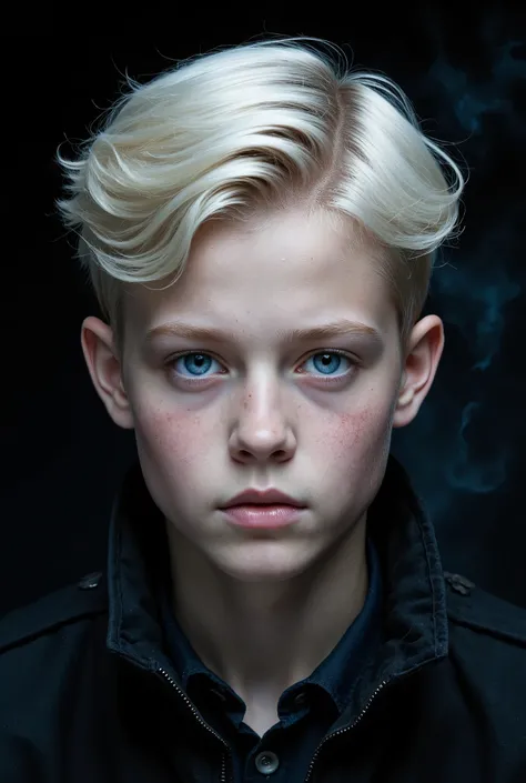 A handsome boy with almost white blond hair and sky blue eyes in front of a black fire