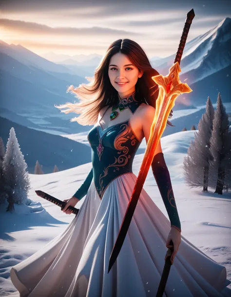 A beautiful woman with long flowing hair wielding an ice rainbow flaming sword, dancing in a snowy landscape, wearing a flowing white dress, adorned with emerald jewels, her confident smiling face surrounded by swirling clouds against a mountainous backdro...